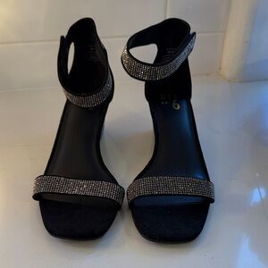 Mix No. 6 Black Ankle Wrap Wedge Heels with Silver Rhinestone Accents